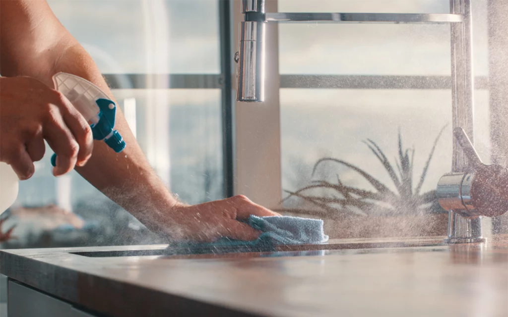 A person spraying cleaning spray and wiping down counter. The essential short term rental supplies that every property management company should be stocking include paper products, cleaning supplies and bath products.