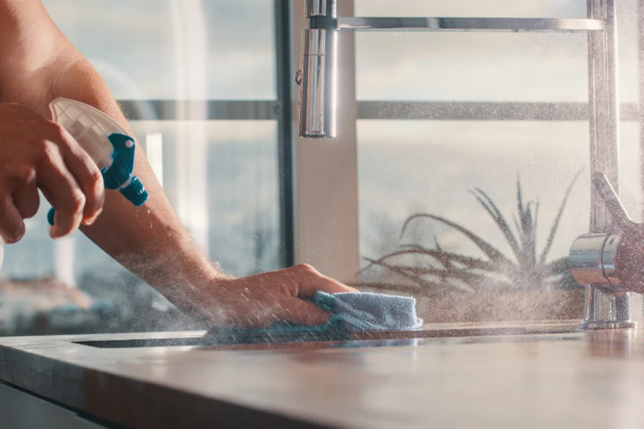 A person spraying cleaning spray and wiping down counter. The essential short term rental supplies that every property management company should be stocking include paper products, cleaning supplies and bath products.