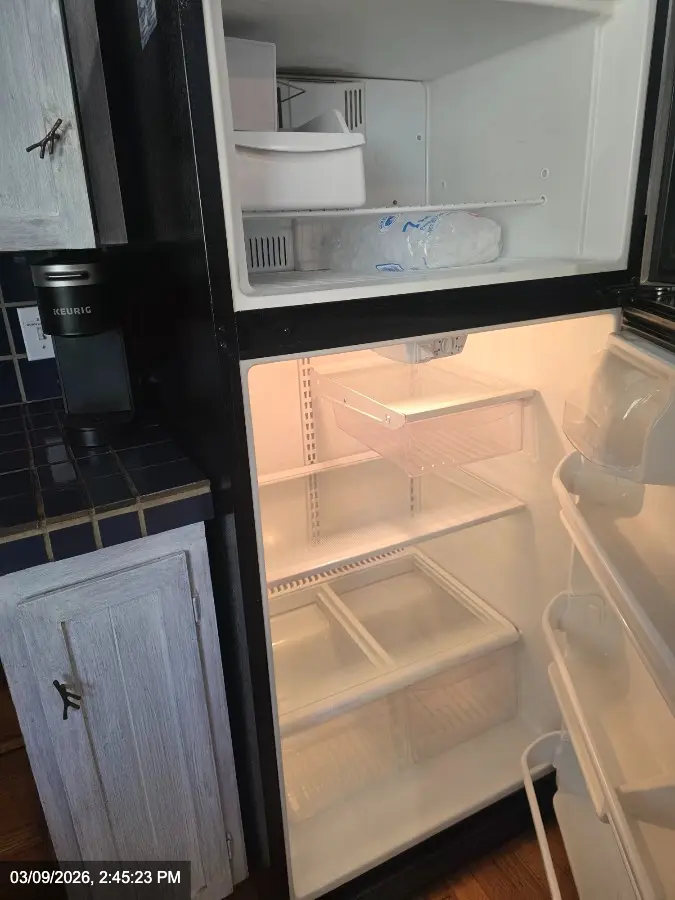 A sparkling clean refrigerator with the door to the freezer also open performed as part of a deep cleaning service.